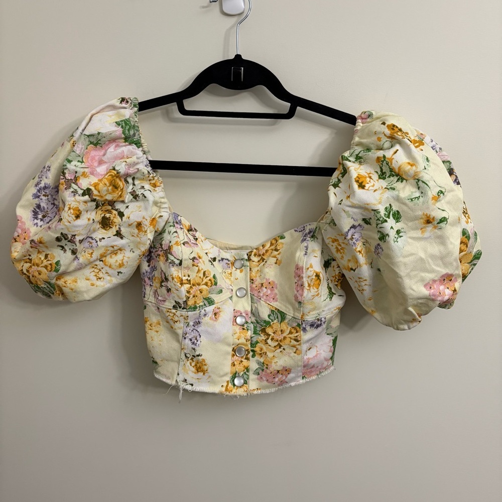 For Love And Lemons Yellow Floral Puff Sleeve Blouse